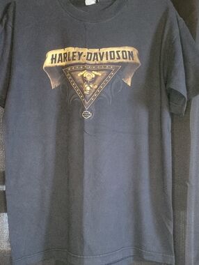 Harley-Davidson Black Tee with Gold Crest and Triangle Motor Graphic